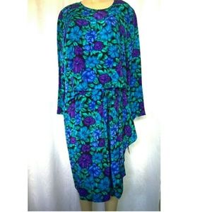 Bullock's Silk Studio Silk Dress Vintage Floral 18W Blue